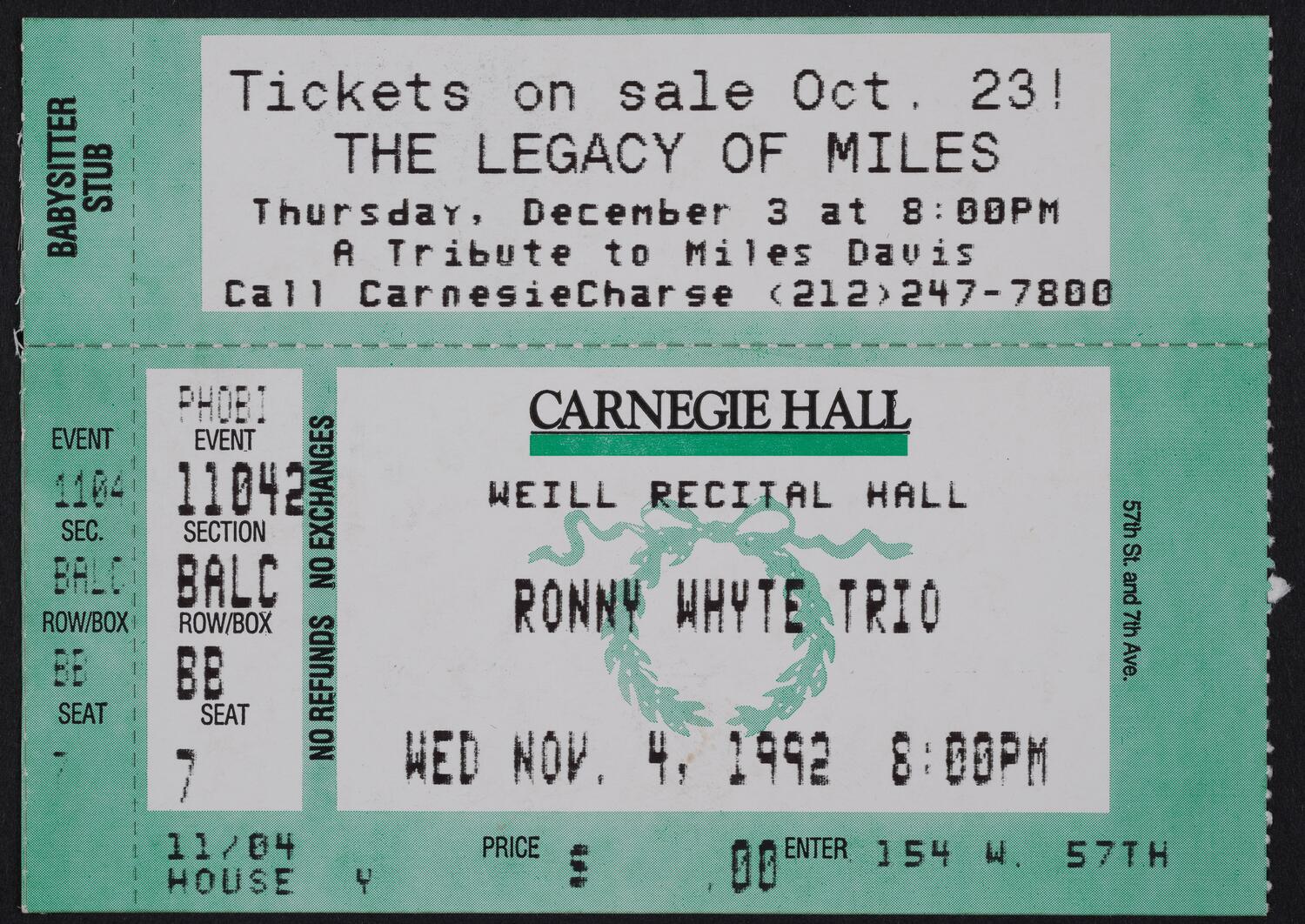 Ticket for Ronny Whyte Trio, November 4, 1992 (front)