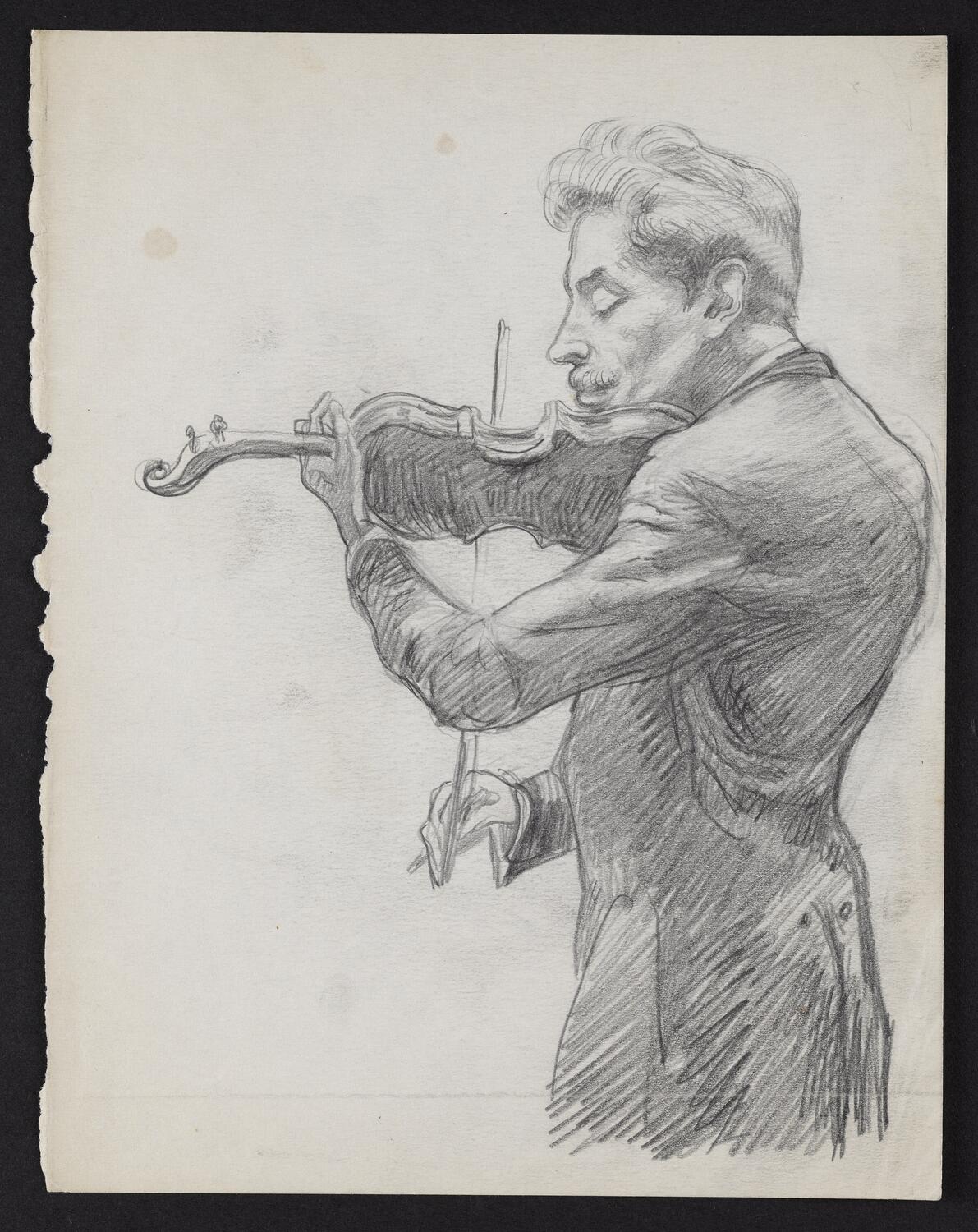Sketch of Fritz Kreisler playing the violin, in profile facing left
