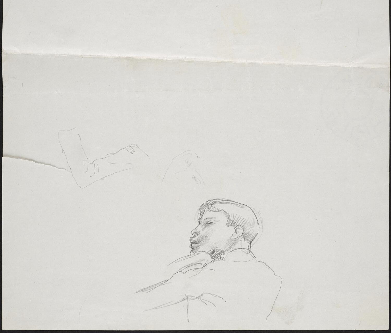 Sketch of figure playing instrument, in profile facing left