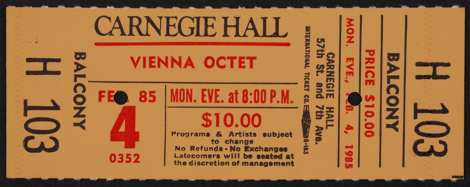 Ticket for Vienna Octet, February 4, 1985 (front)
