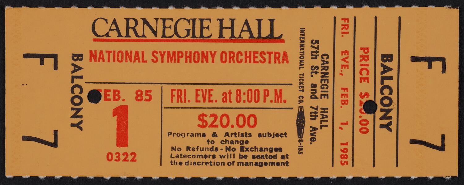 Ticket for National Symphony Orchestra, February 1, 1985 (front)