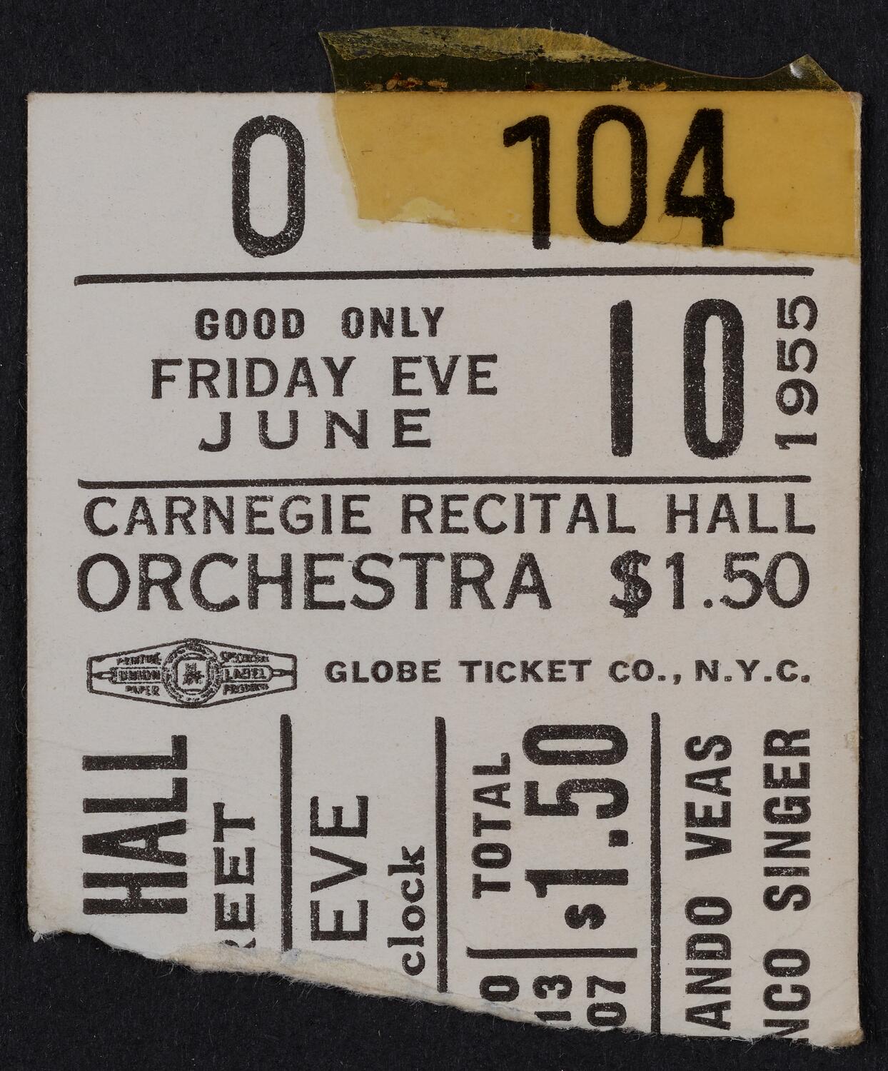 Ticket for Maria Fenton and Fernando Veas, June 10, 1955 (front)