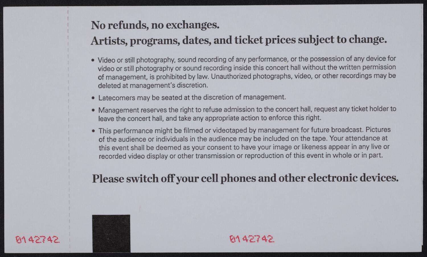 Ticket for Opening Night Gala: New York Philharmonic, October 7, 2015 (back)