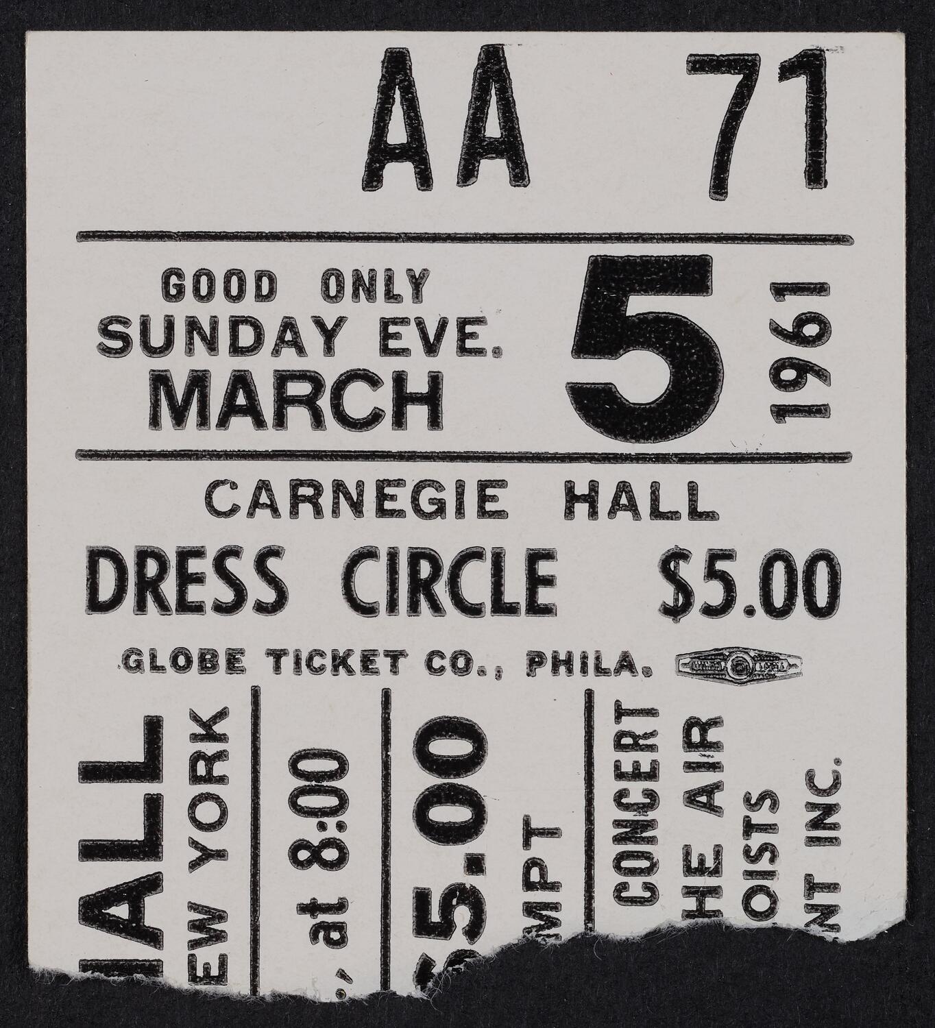 Ticket for Dimitri Mitropolous Memorial Concert, March 5, 1961 (front)