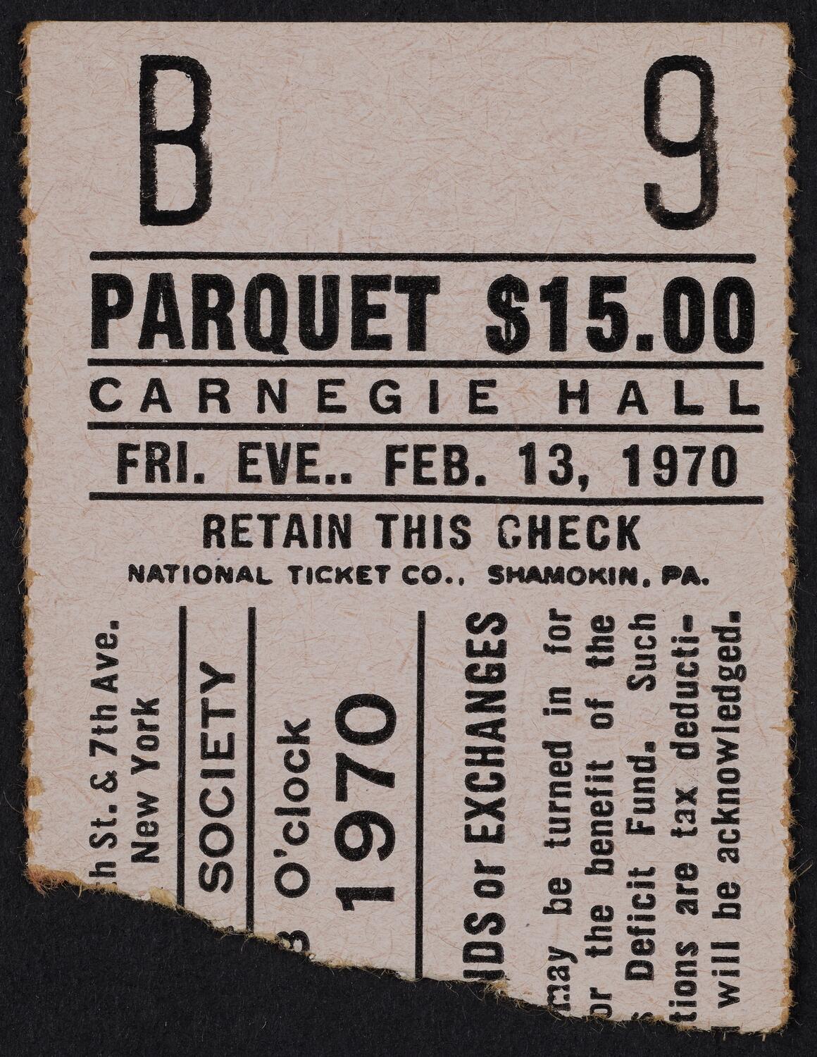 Ticket for American Opera Society, February 13, 1970 (front)