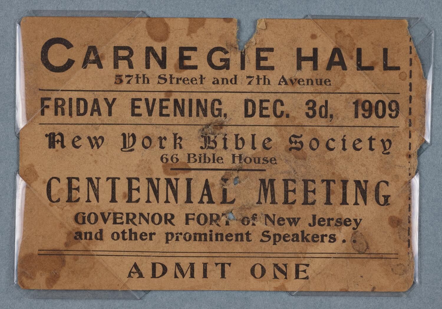 Ticket for New York Bible Society Centennial Meeting, December 3, 1909 (front)