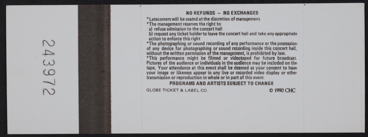 Ticket for The Collegiate Chorale: Rossini: Petite Messe Solennelle, February 7, 1991 (back)