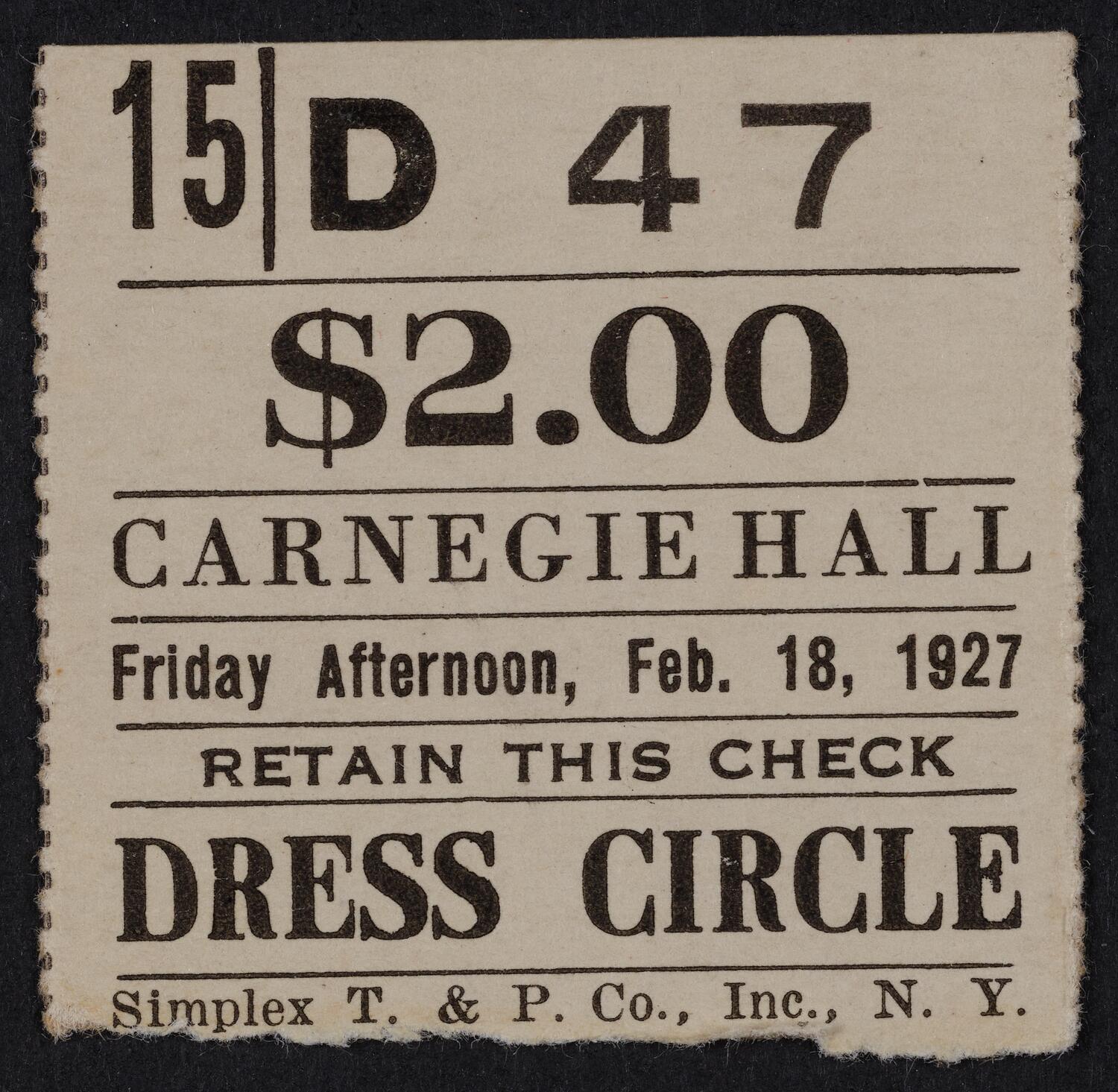 Ticket for Philharmonic-Symphony Society of New York, February 18, 1927 (front)