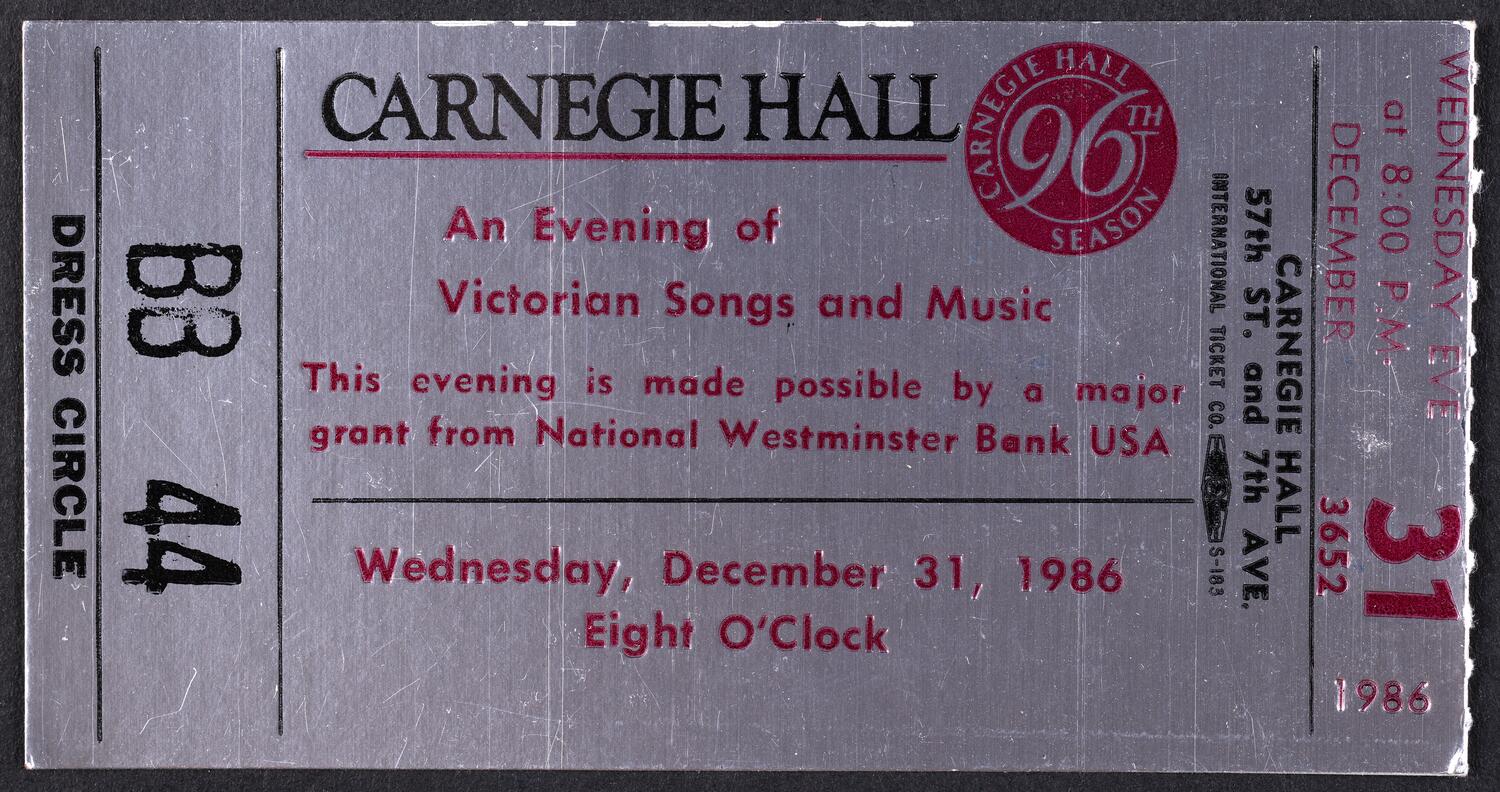 Ticket for An Evening of Victorian Songs and Music, December 31, 1986 (front)