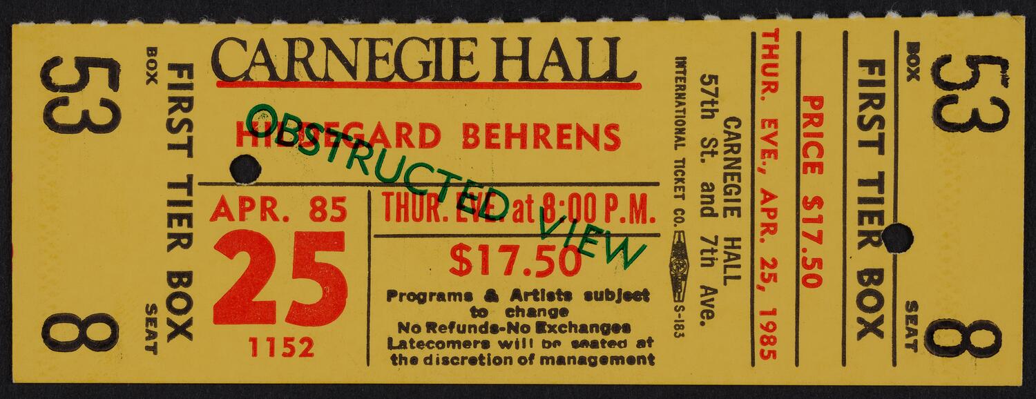 Ticket for Hildegard Behrens, April 25, 1985 (front)