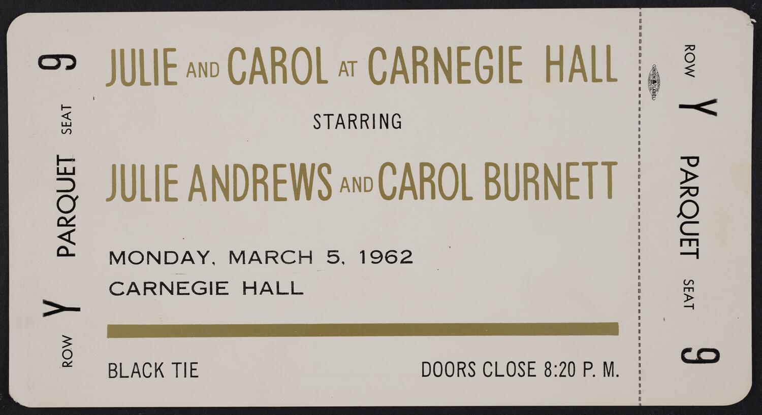 Ticket for Julie and Carol at Carnegie Hall, March 5, 1962 (front)