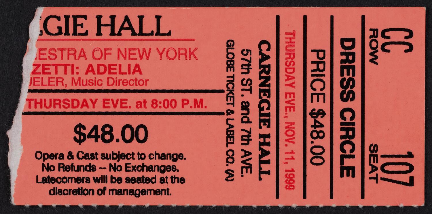 Ticket for Opera Orchestra of New York, November 11, 1999 (front)