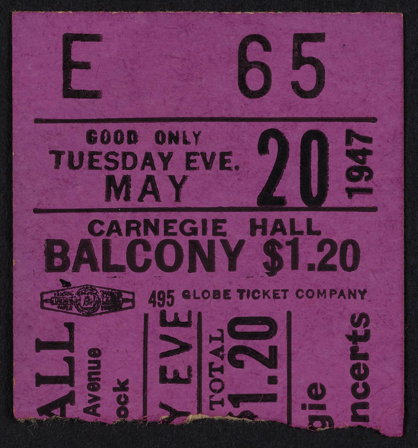 Ticket for Carnegie Pops, May 20, 1947 (front)