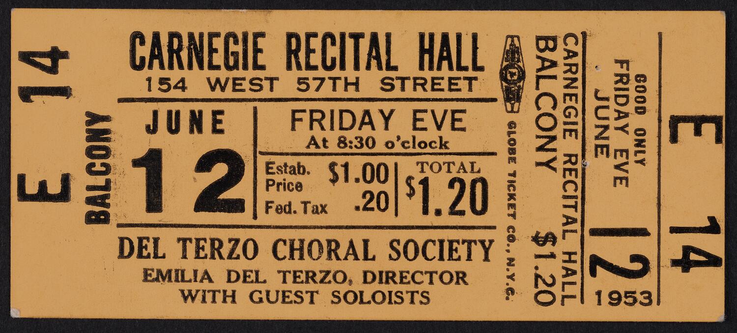 Ticket to Del Terzo Choral Society, June 12, 1953 (front)