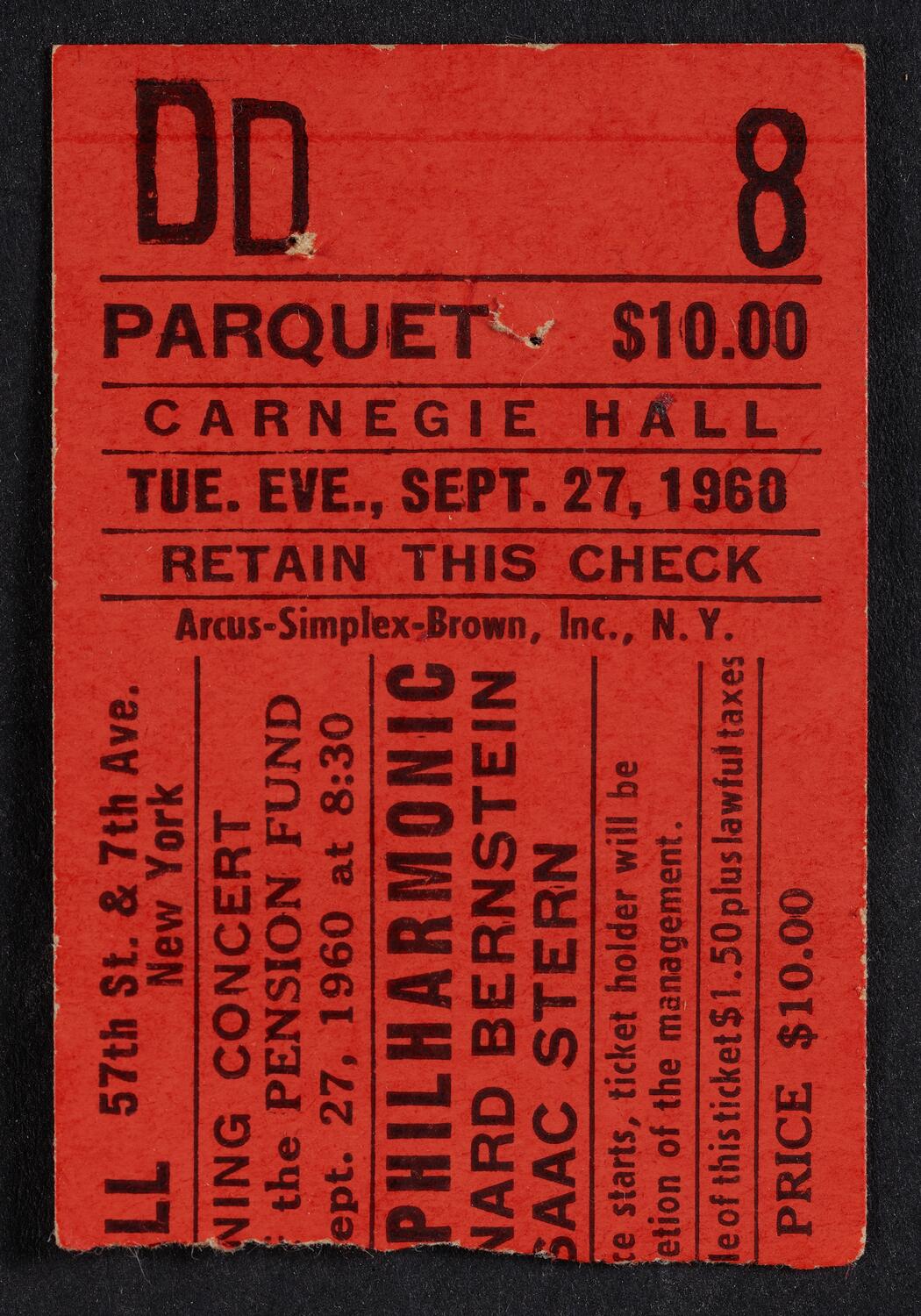 Ticket for New York Philharmonic: Pension Fund, September 27, 1960 (front)