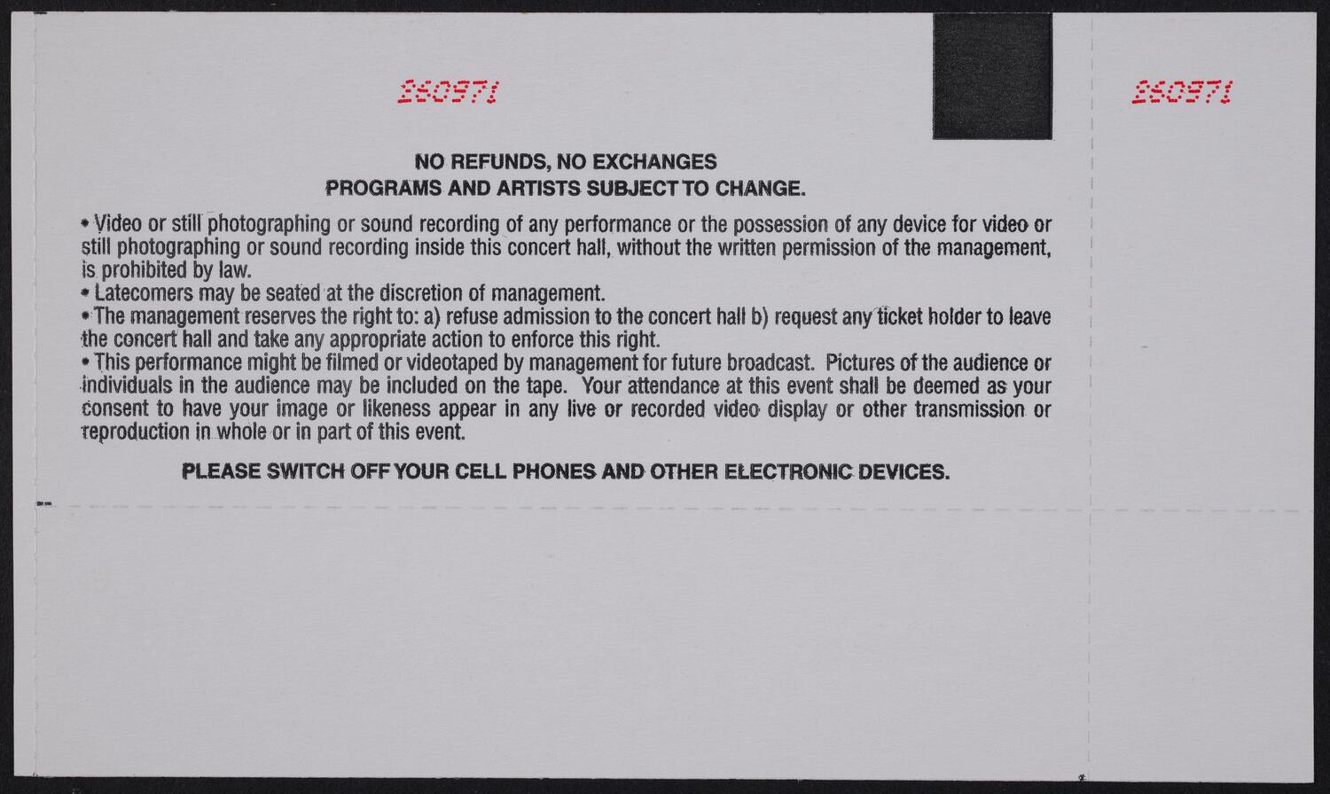 Ticket for San Francisco Symphony, October 10, 2002 (back)