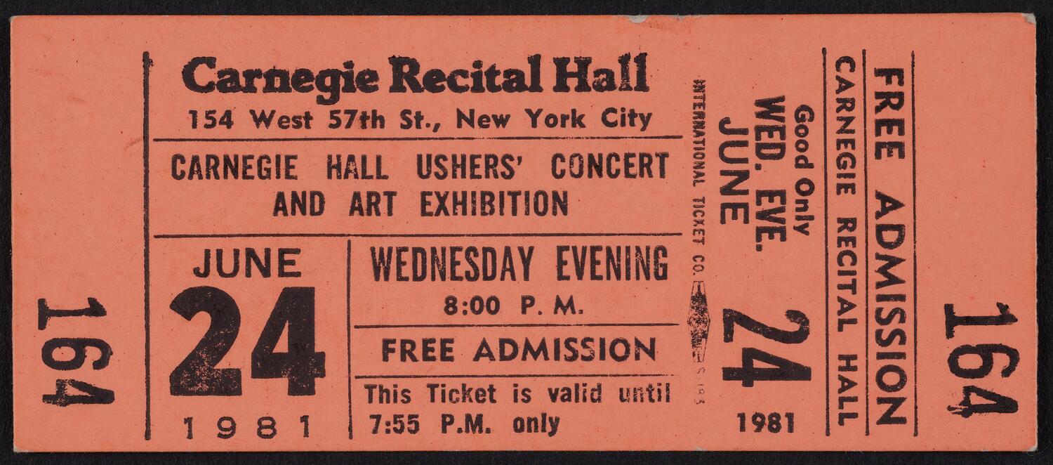 Ticket for Carnegie Hall Ushers' Concert and Art Exhibition, June 24, 1981 (front)