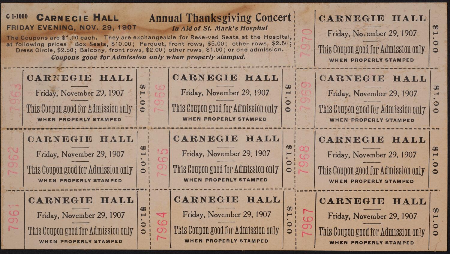 Ticket for Annual Thanksgiving Concert in Aid of St. Mark's Hospital, November 29, 1907 (front)
