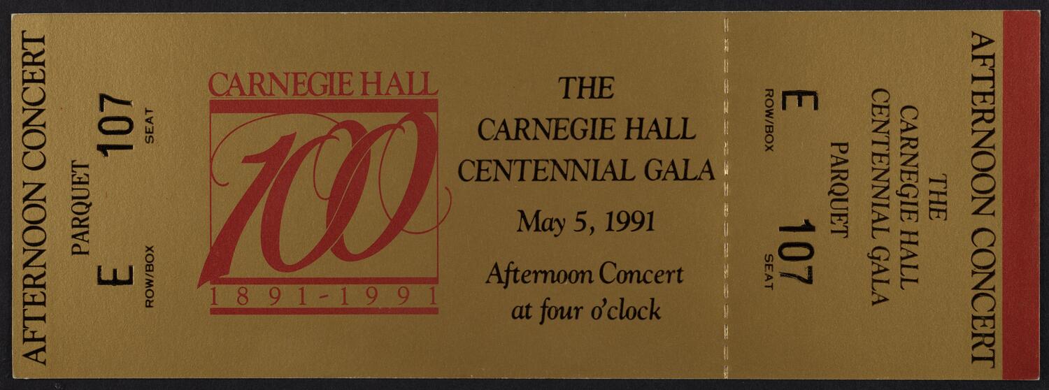 Ticket for the Carnegie Hall Centennial Gala, May 5, 1991 (front)