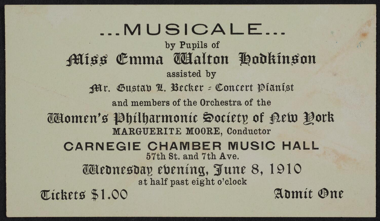 Ticket for Musicale by Pupils of Miss Emma Walton Hodkinson, June 8, 1910 (front)
