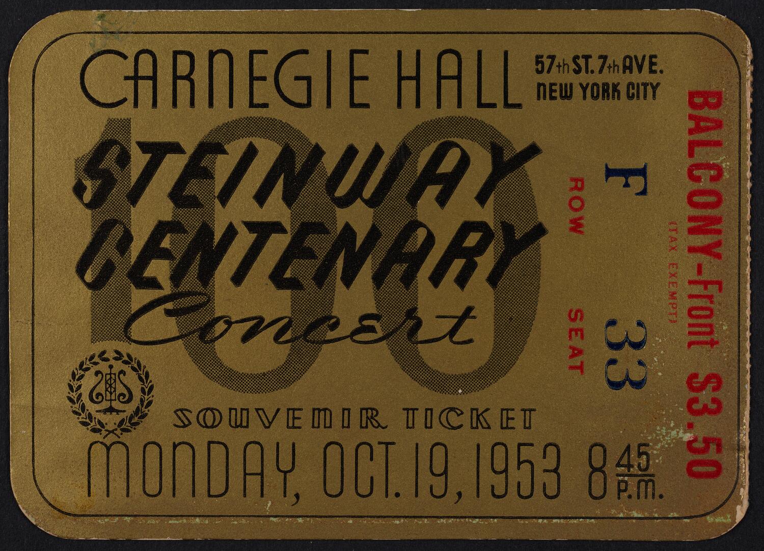 Ticket for Steinway Centenary Concert, October 19, 1953 (front)