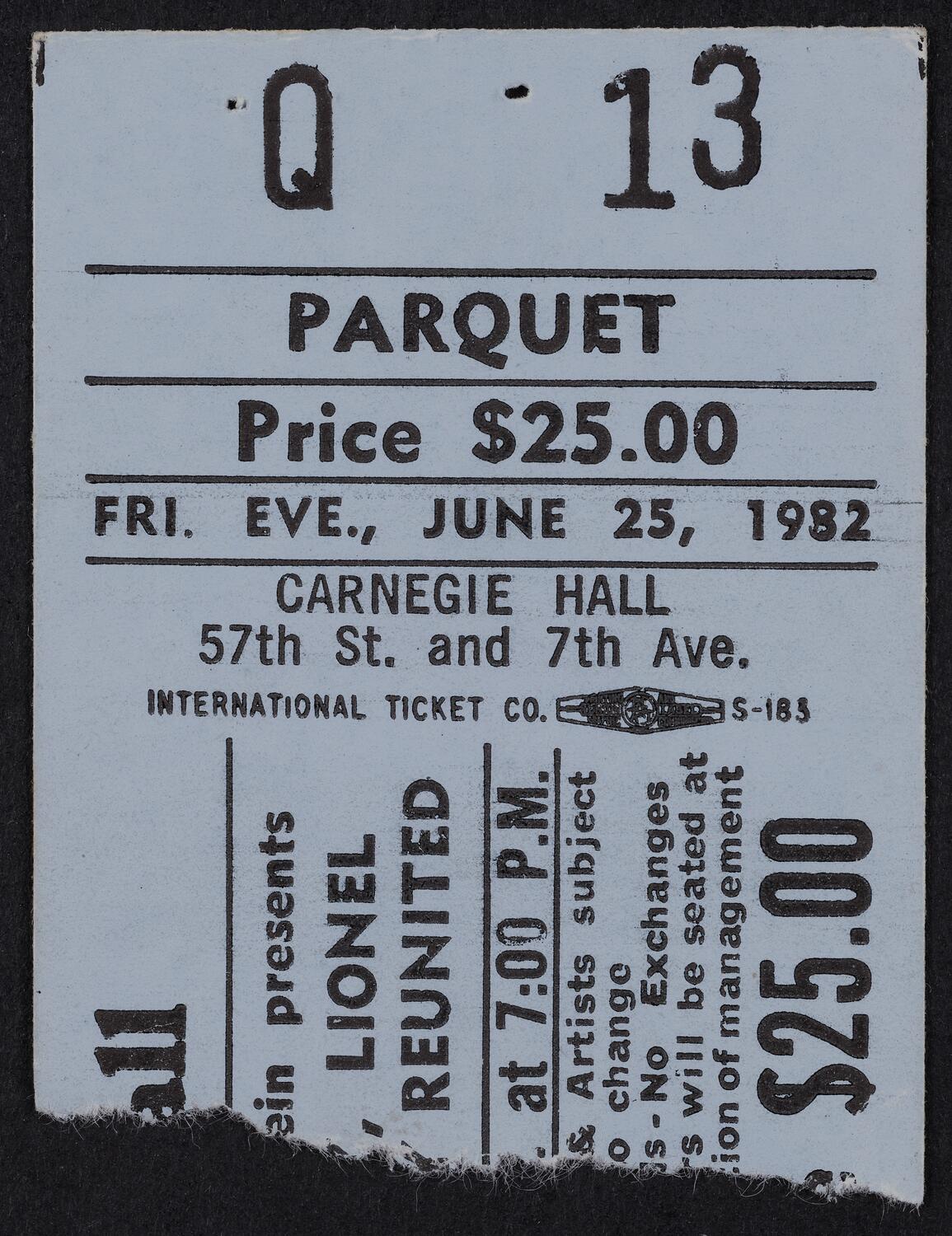 Ticket for Kool Jazz Festival: Benny Goodman, Lionel Hampton, and Teddy Wilson, June 25, 1982 (front)