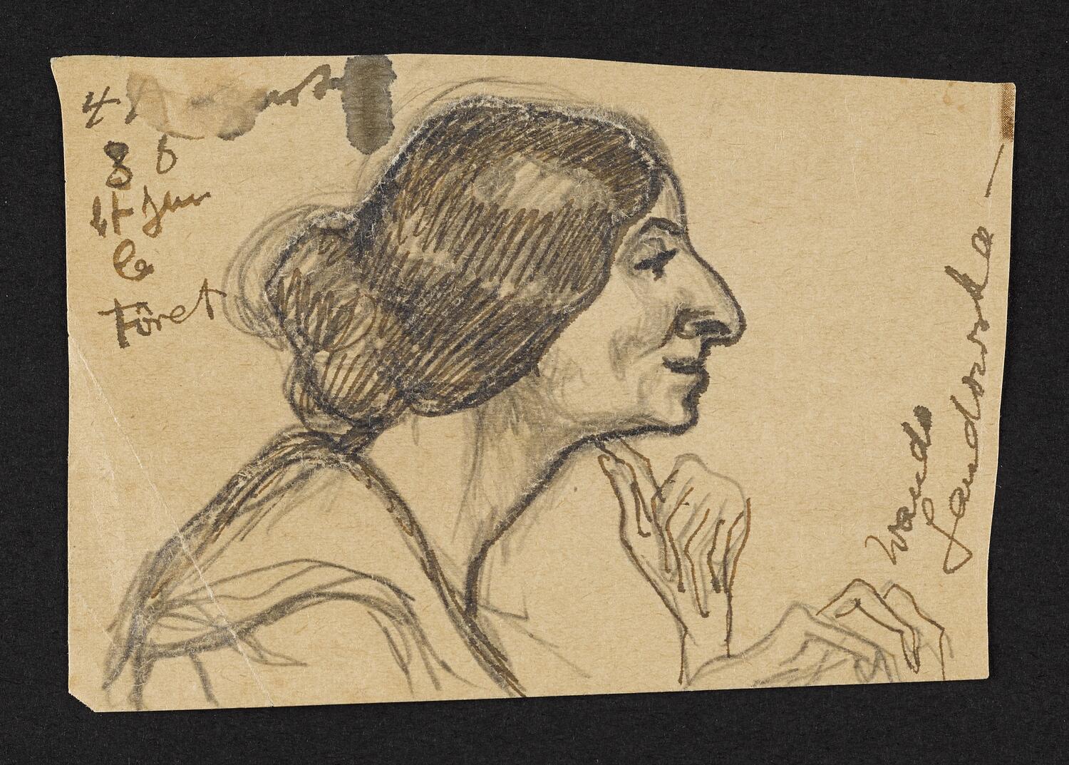 Sketch of Wanda Landowska in profile facing right