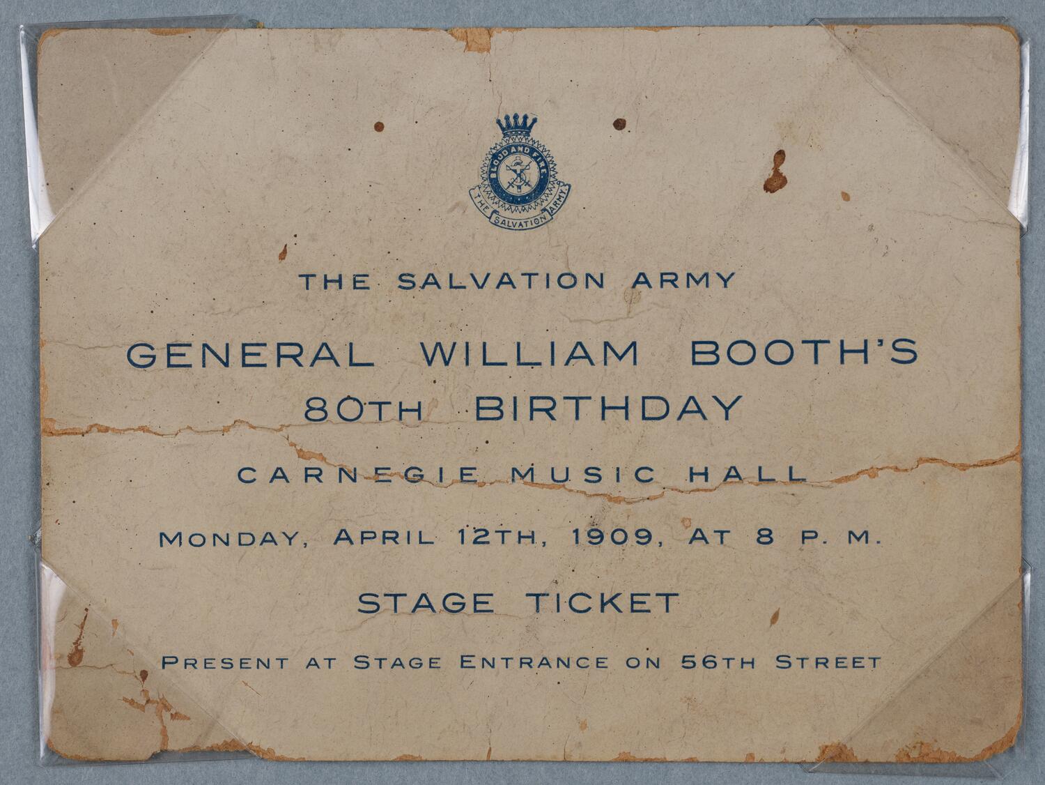 Ticket for General William Booth's 80th Birthday, April 12, 1909 (front)