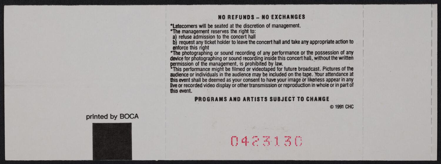 Ticket for Metropolitan Opera Orchestra, May 5, 1992 (back)