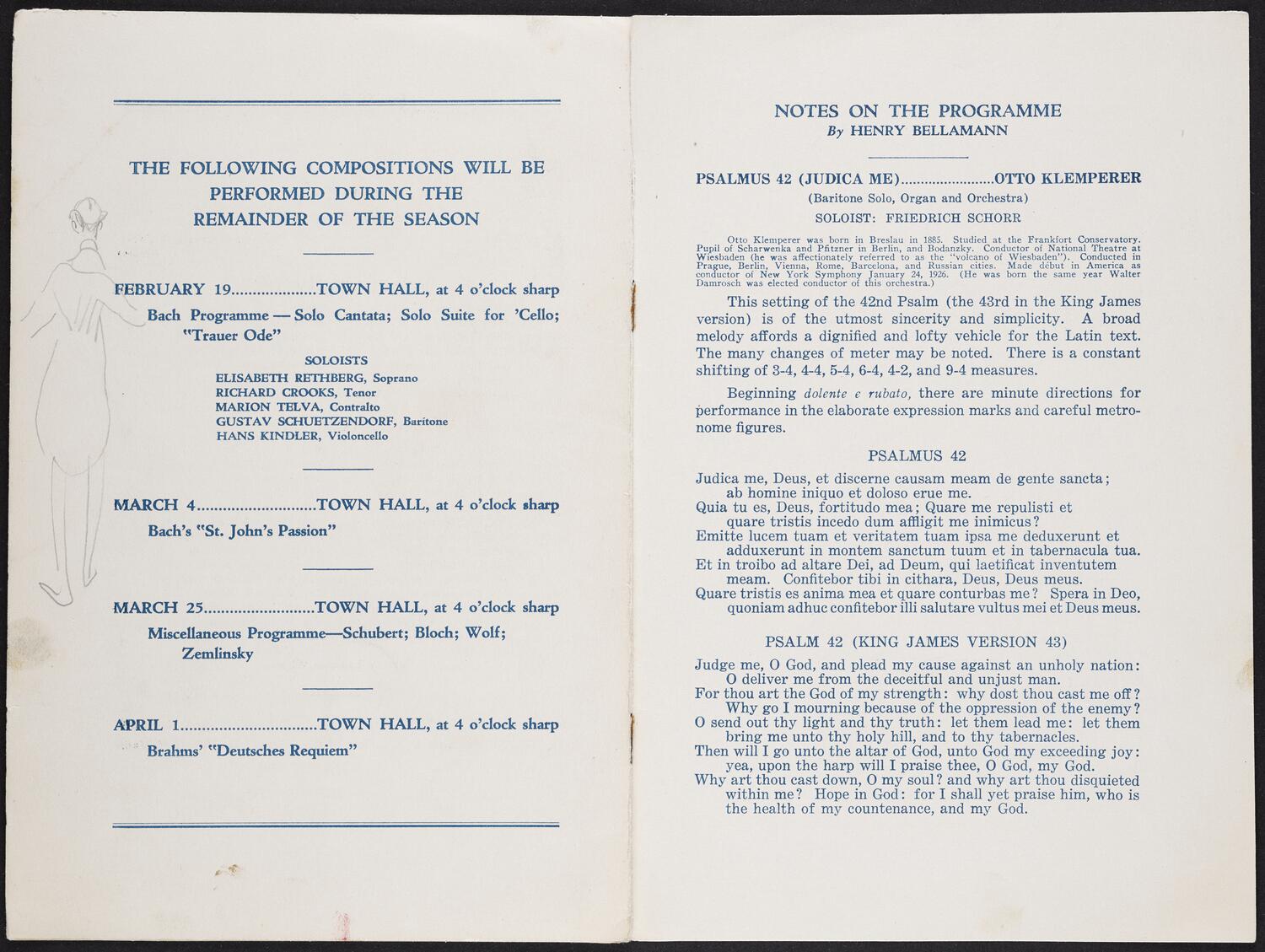 Sketches on concert program pages of a figure playing piano