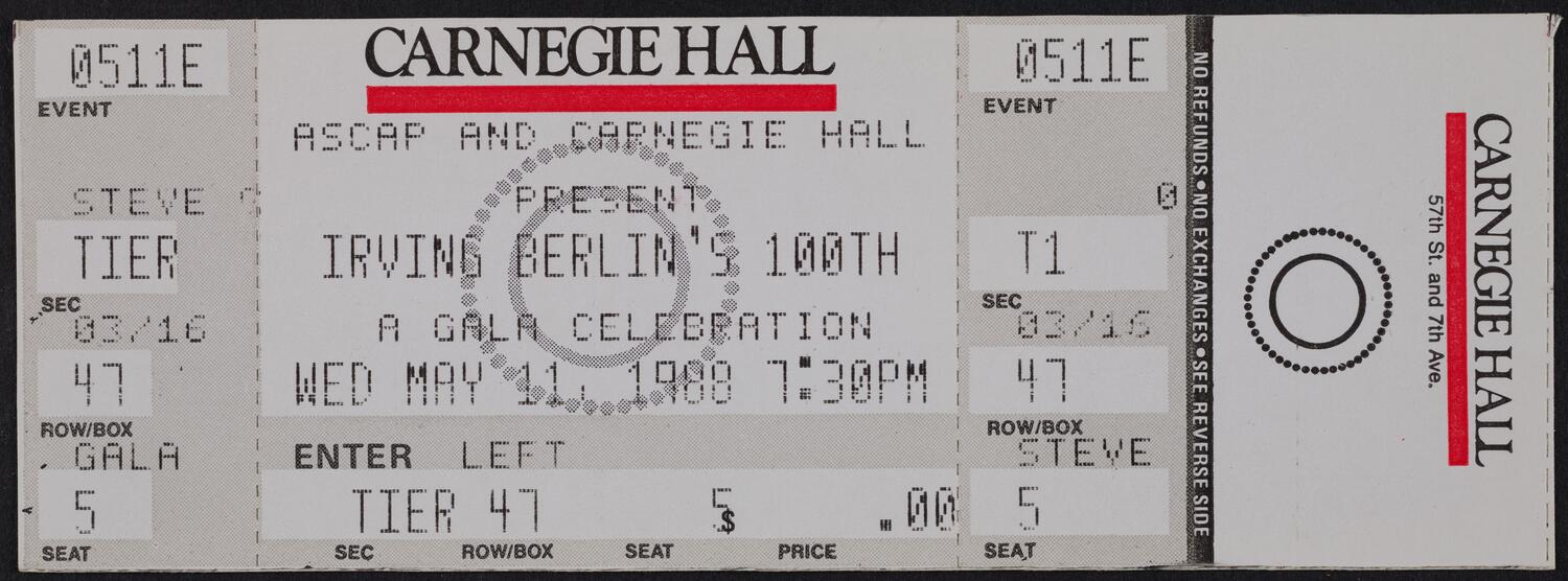 Ticket for Irving Berlin's 100th: A Gala Celebration, May 11, 1988 (front)