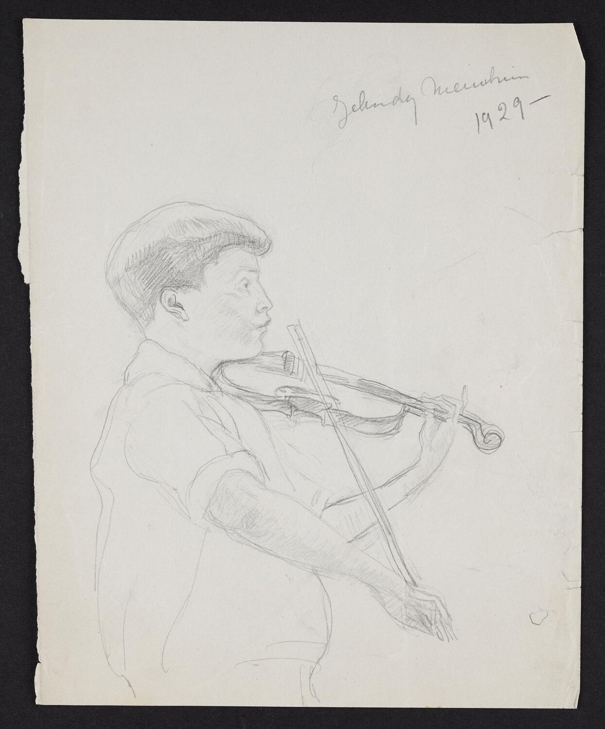 Sketch of Yehudi Menuhin playing the violin, in profile facing right