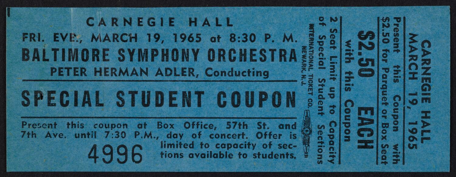 Ticket for Baltimore Symphony Orchestra, March 19, 1965 (front)
