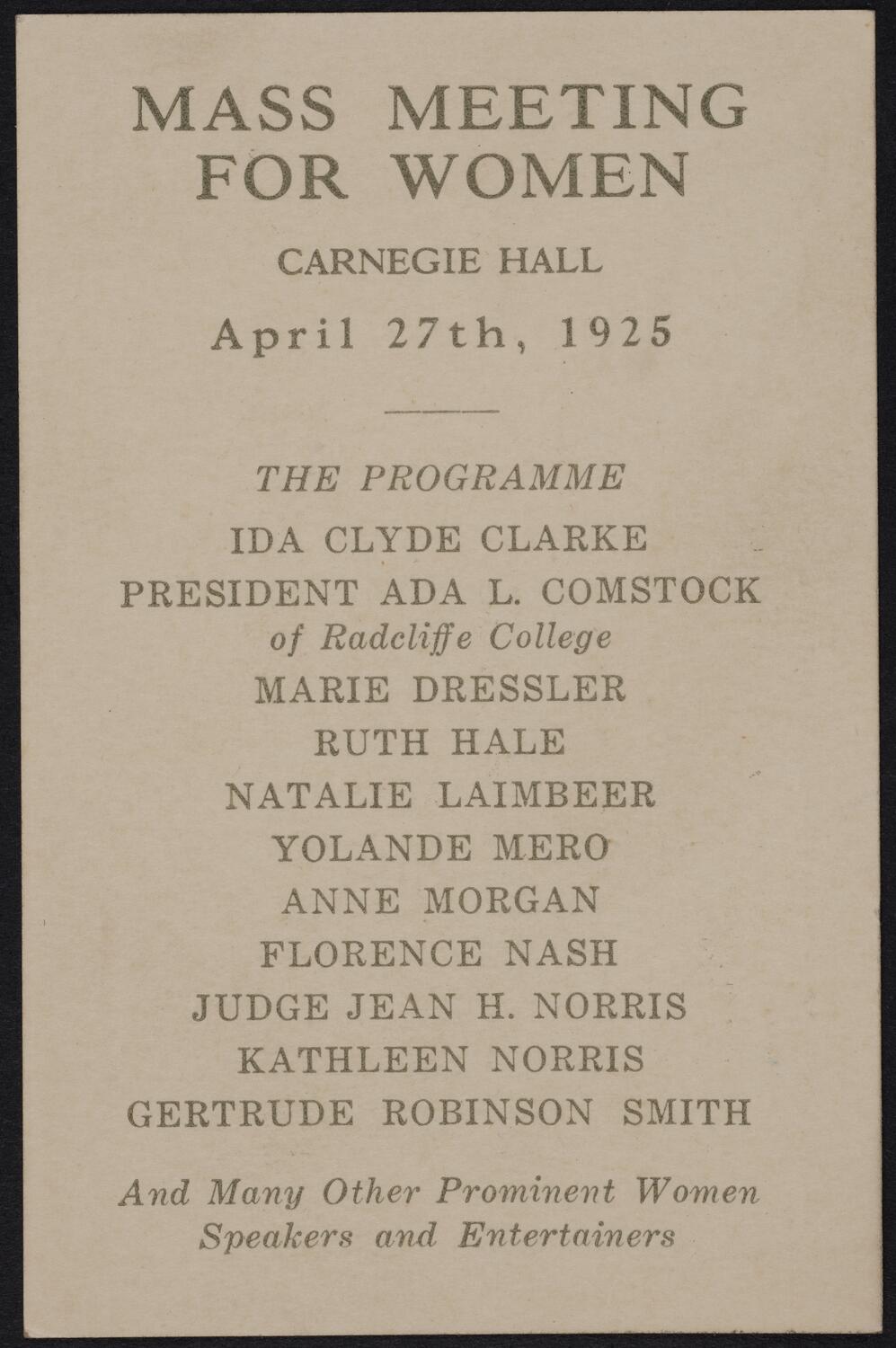 Ticket for Mass Meeting for Women, April 27, 1925 (back)