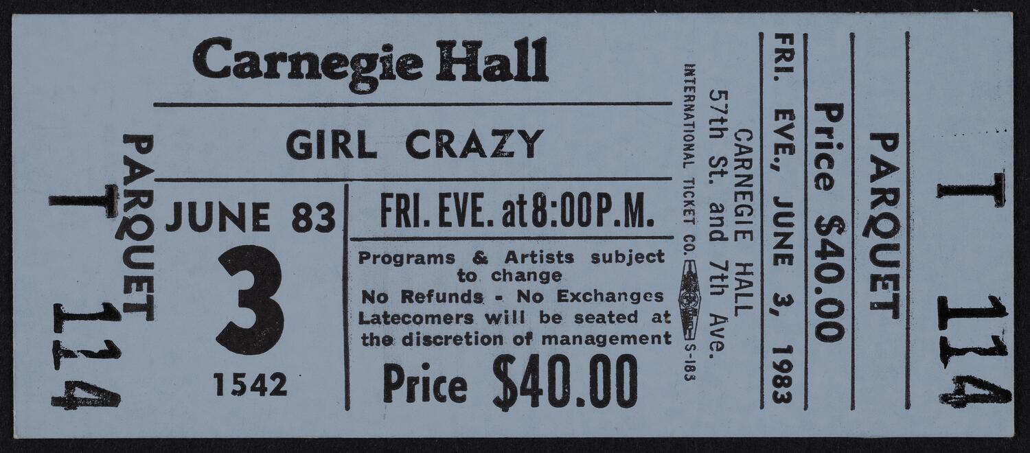 Ticket for Girl Crazy, June 3, 1983 (front)