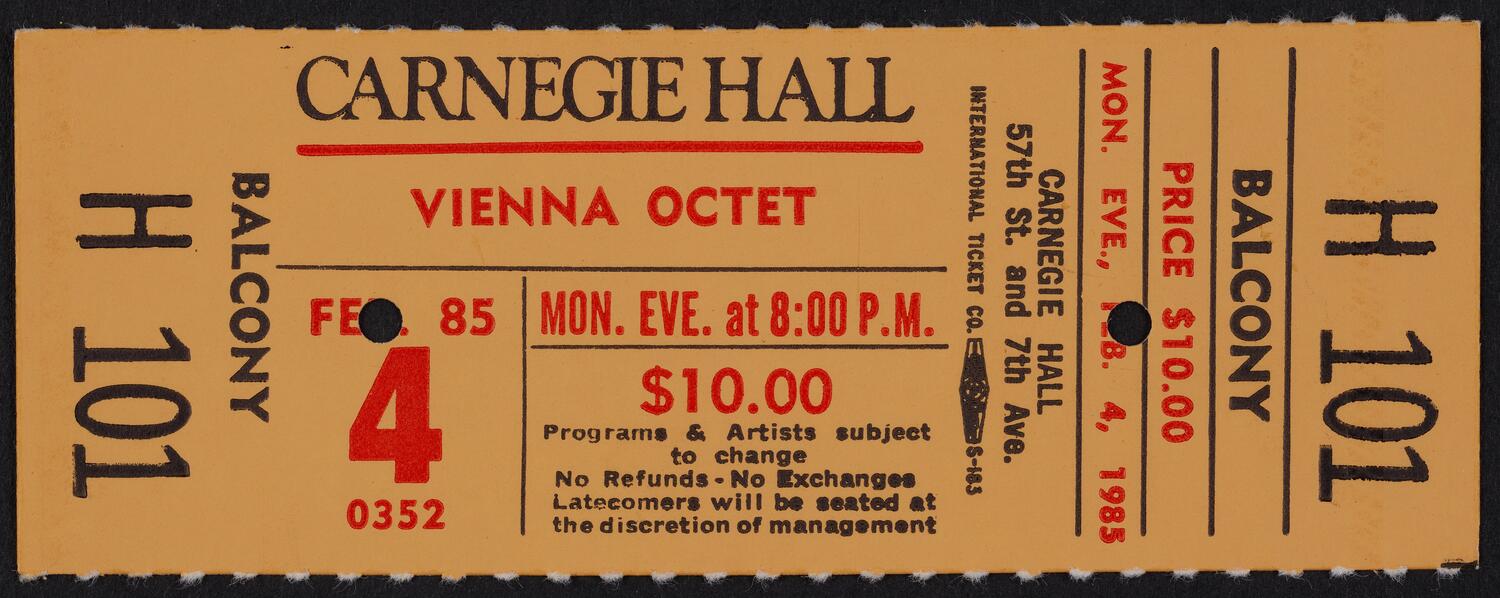 Ticket for Vienna Octet, February 4, 1985 (front)