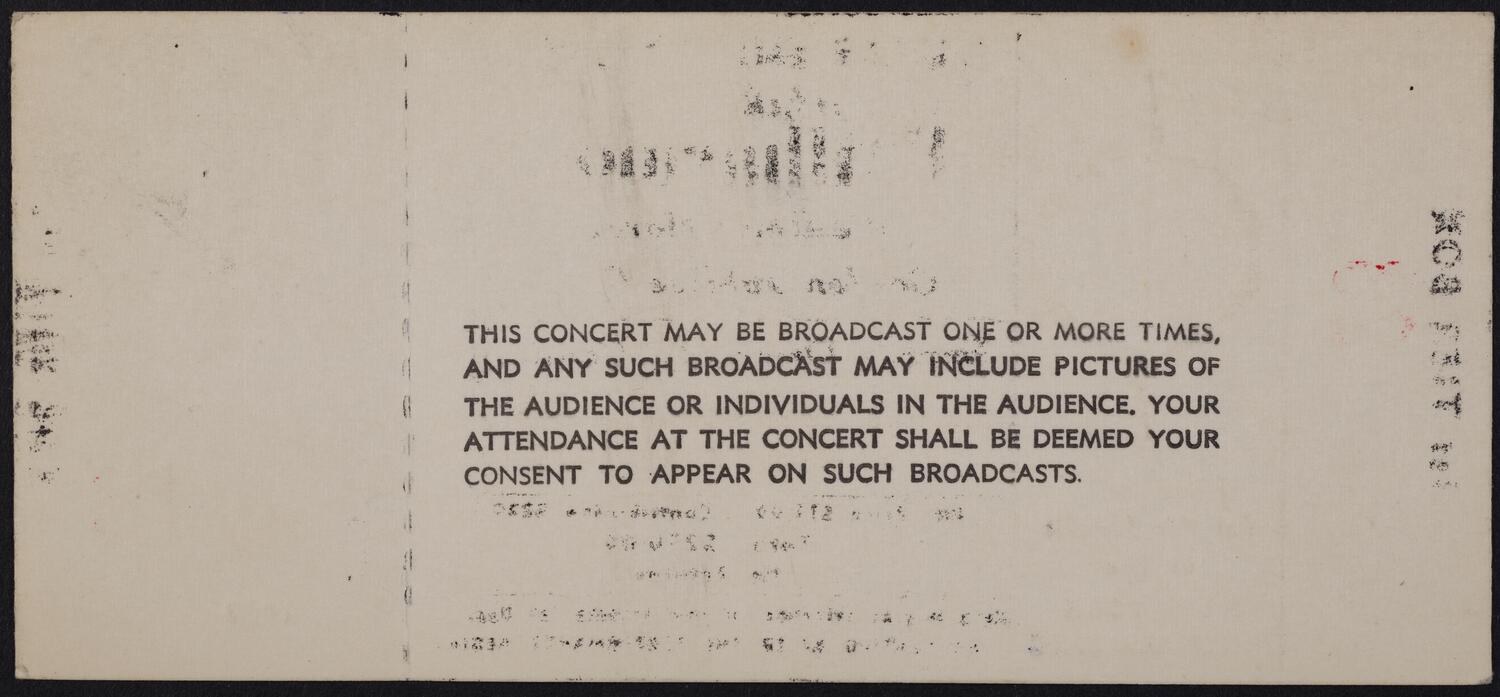 Ticket for Vladimir Horowitz Golden Jubilee Concert, January 8, 1978 (back)