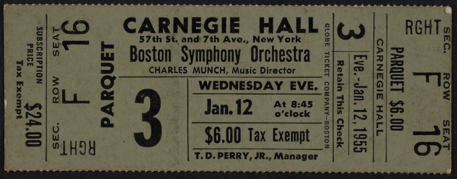 Ticket for Boston Symphony Orchestra, January 12, 1955 (front)