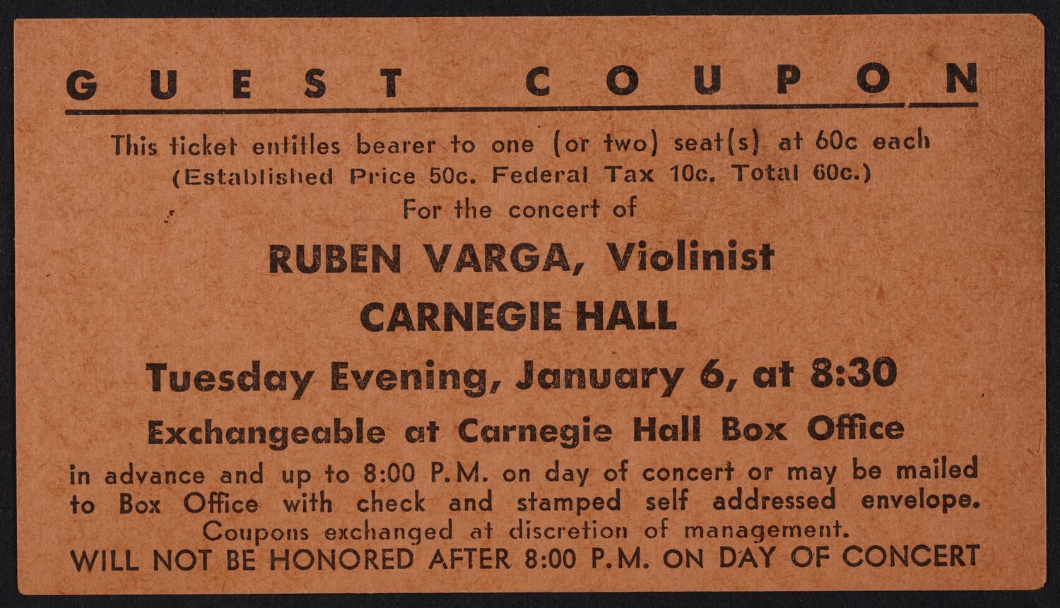 Ticket for Ruben Varga, January 6, 1953 (front)