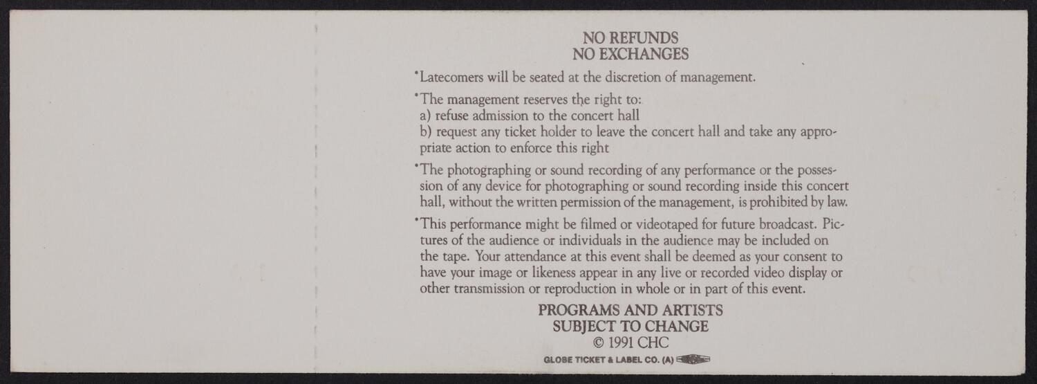Ticket for the Carnegie Hall Centennial Gala, May 5, 1991 (back)
