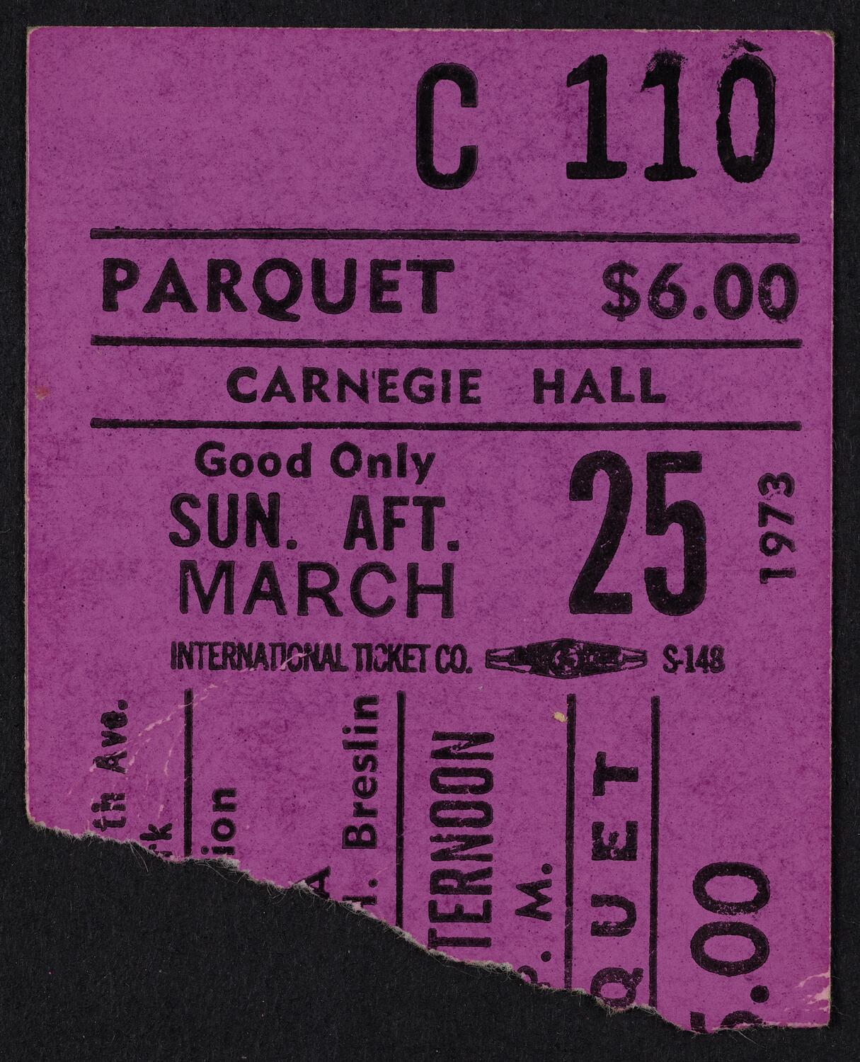 Ticket for Alicia de Larrocha, March 25, 1973 (front)