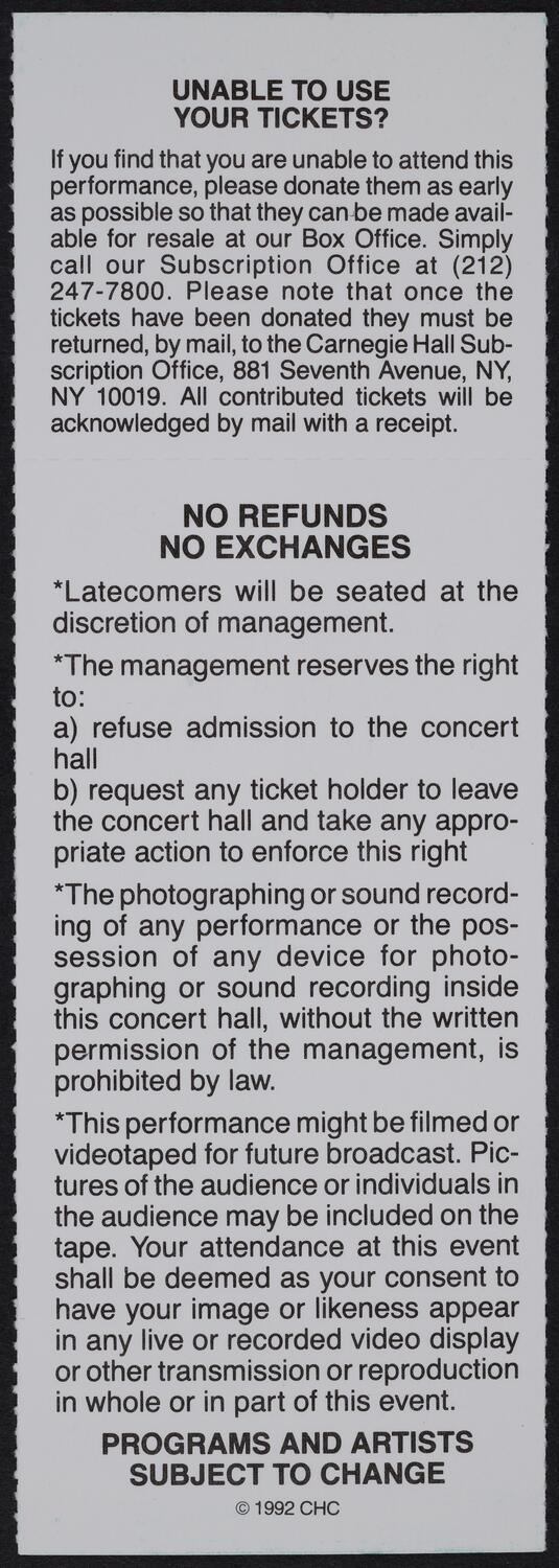 Ticket for American Composers Orchestra, January 24, 1993 (back)