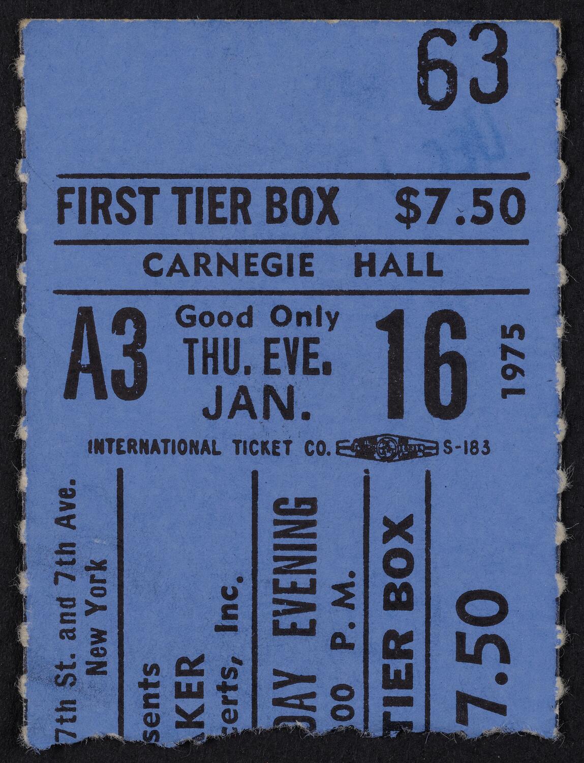 Ticket for Janet Baker, January 16, 1975 (front)