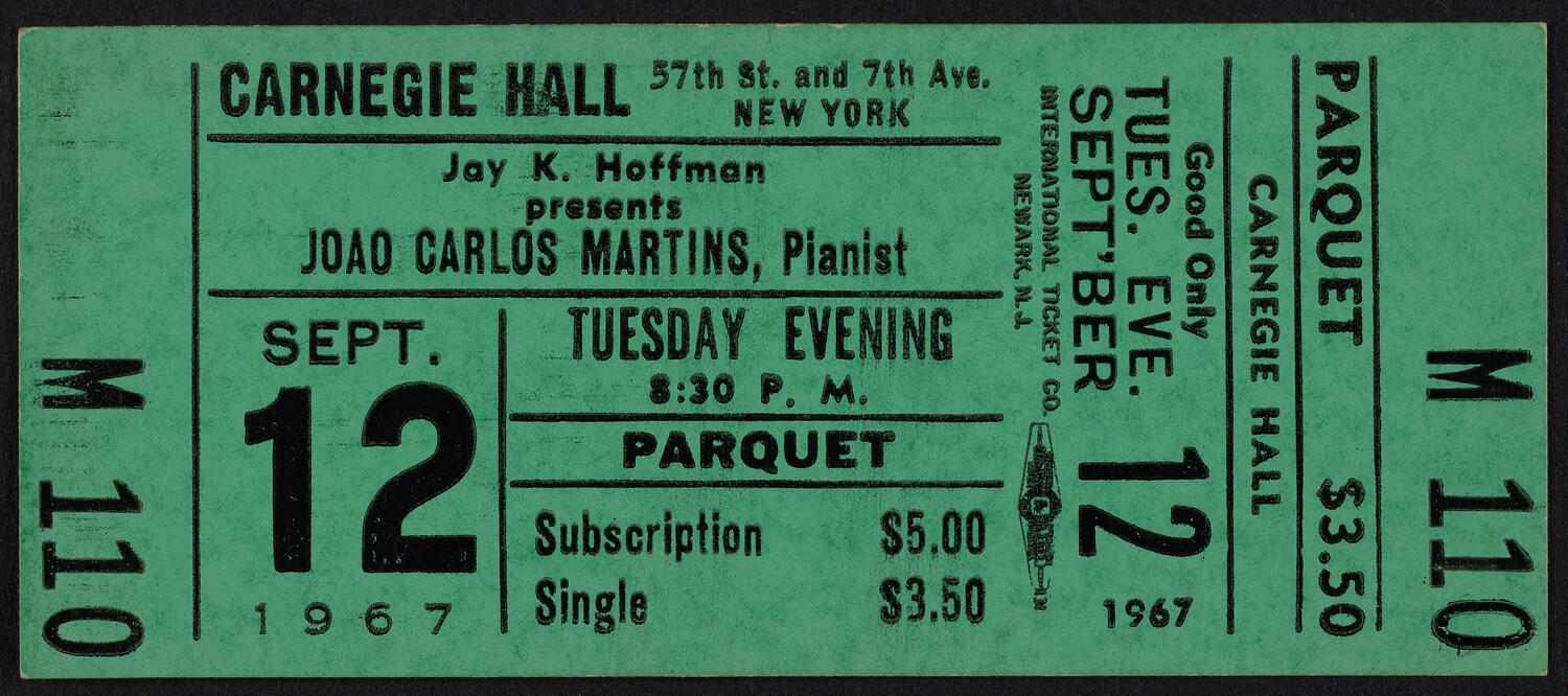 Ticket for João Carlos Martins, September 12, 1967 (front)