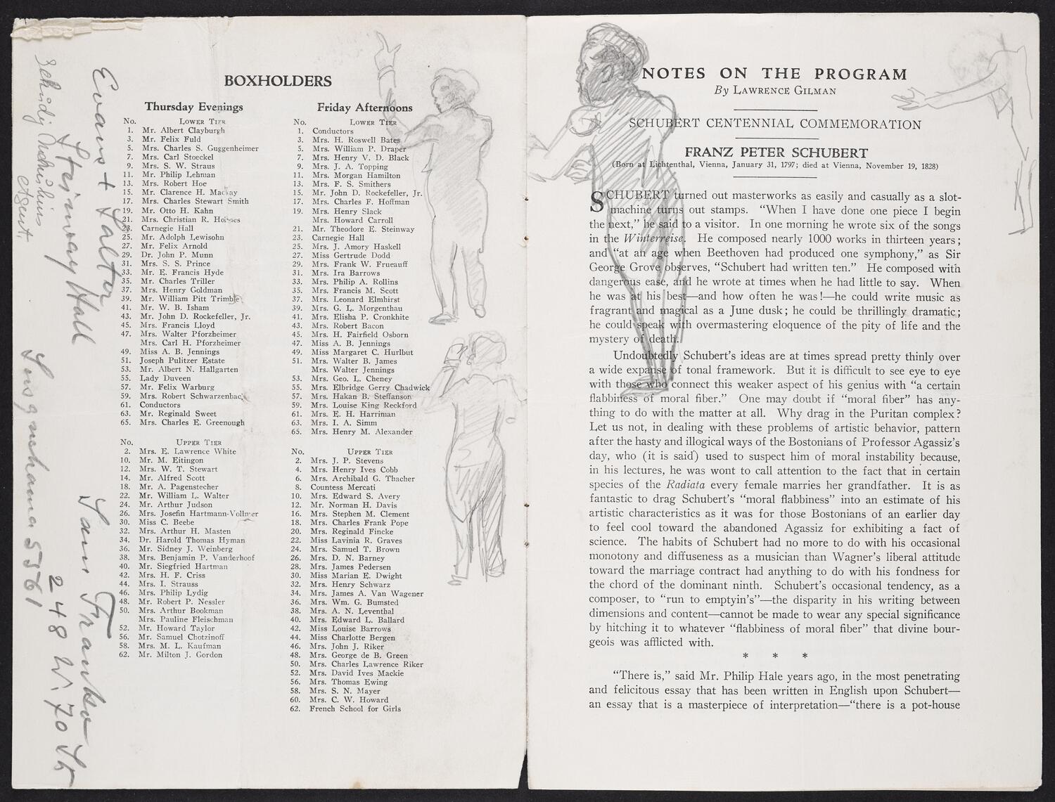 Sketches on concert program pages of Willem Mengelberg