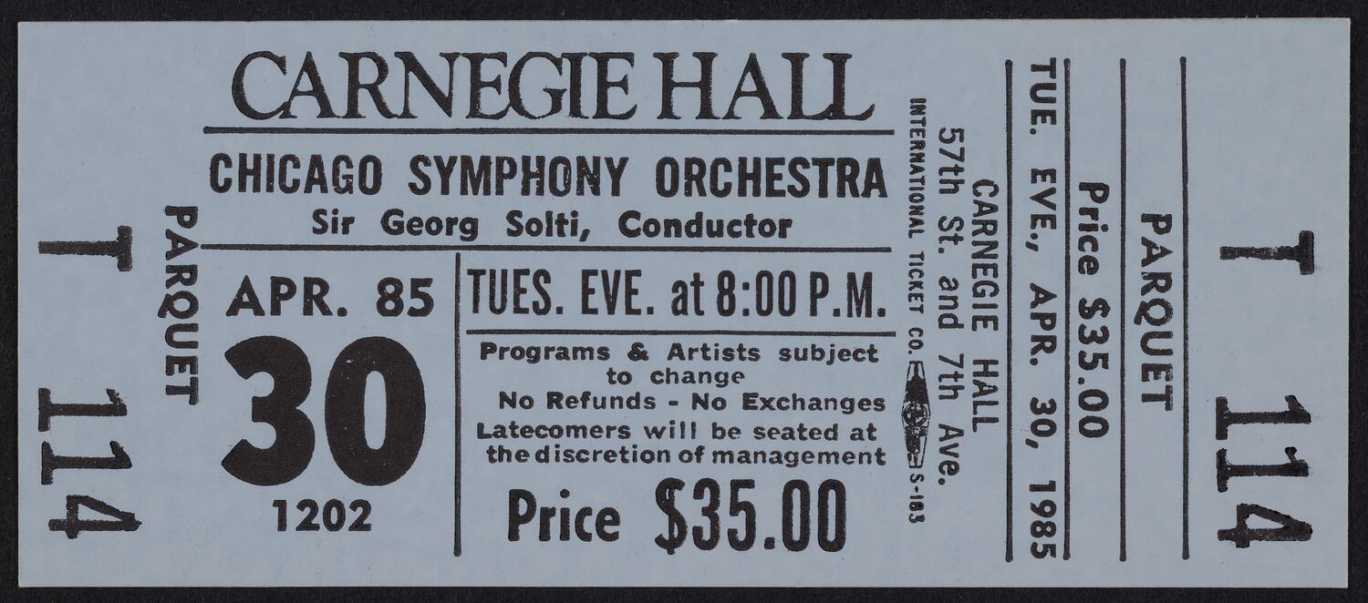 Ticket for Chicago Symphony Orchestra, April 30, 1985 (front)
