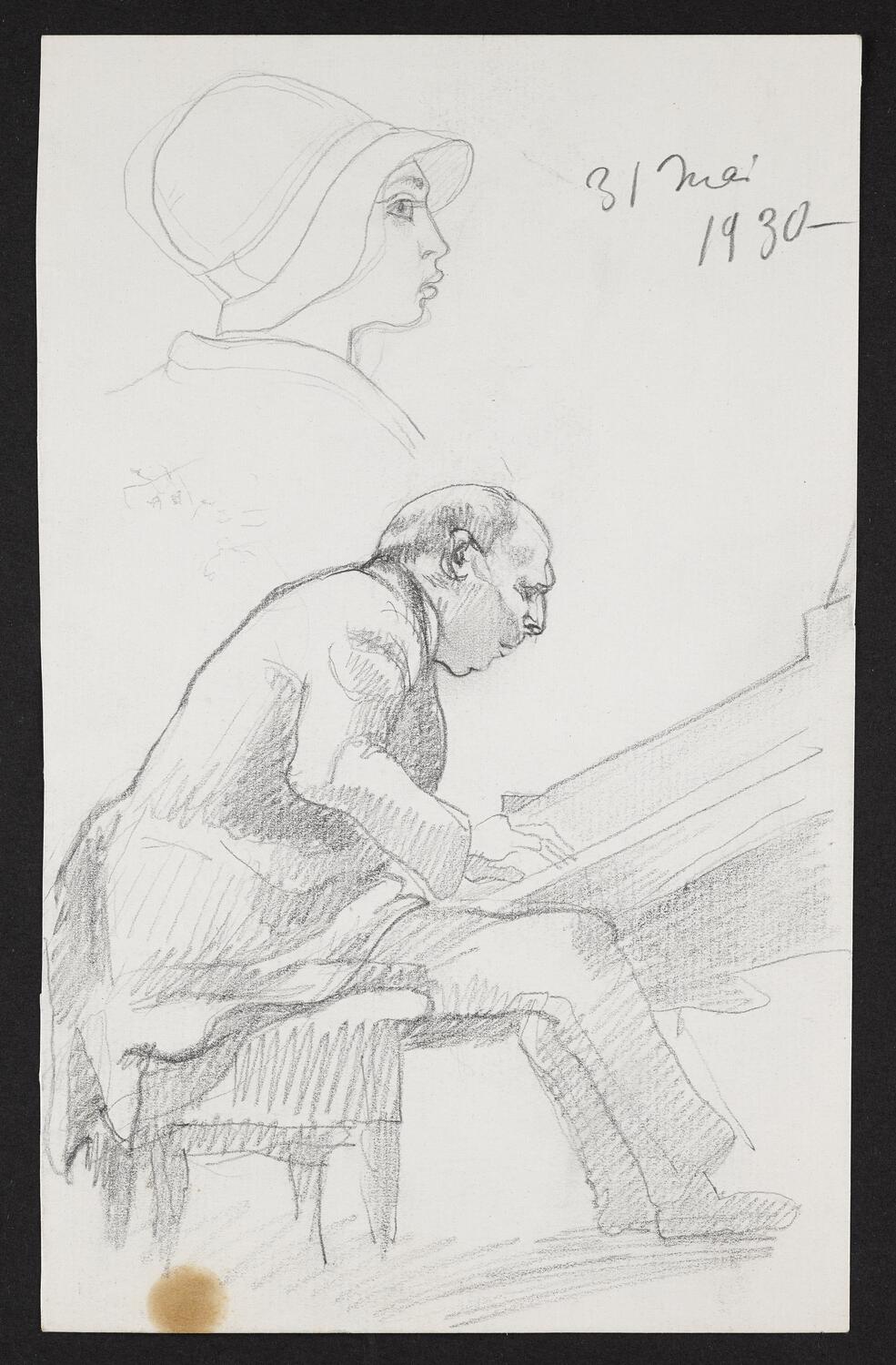 Sketch of Walter Gieseking playing piano, in profile facing right