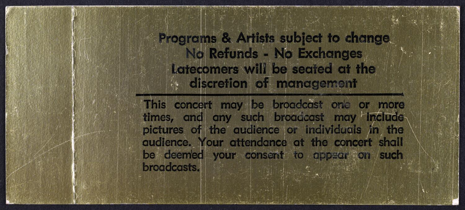 Ticket for The Gala Reopening of Carnegie Hall, December 15, 1986 (back)