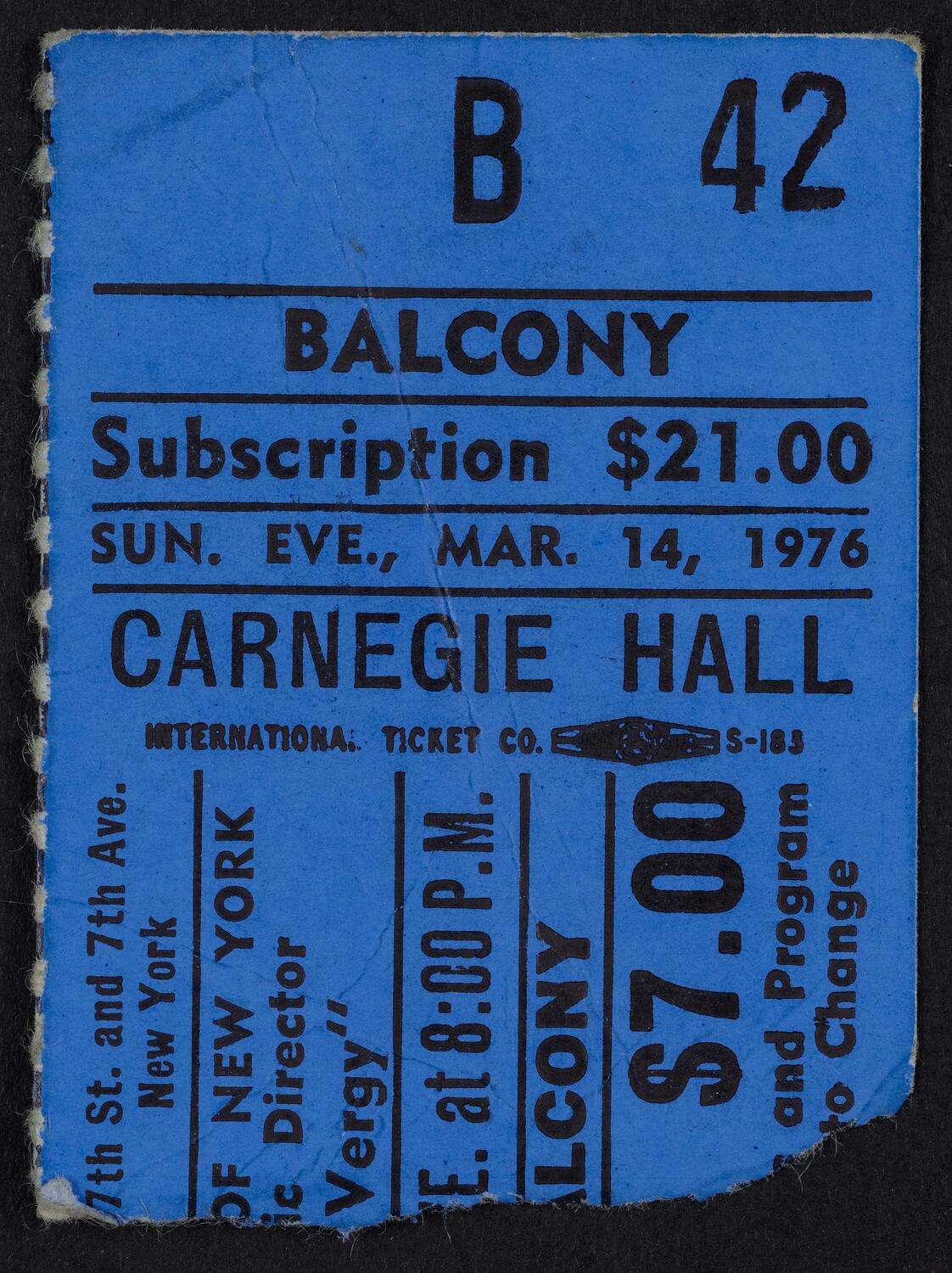 Ticket for Opera Orchestra of New York, March 14, 1976 (front)