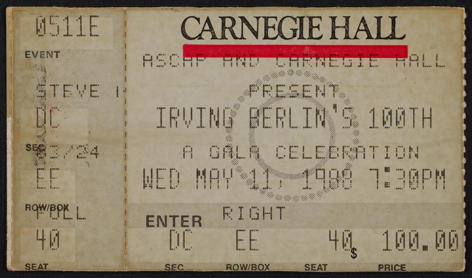 Ticket for Irving Berlin's 100th: A Gala Celebration, May 11, 1988 (front)